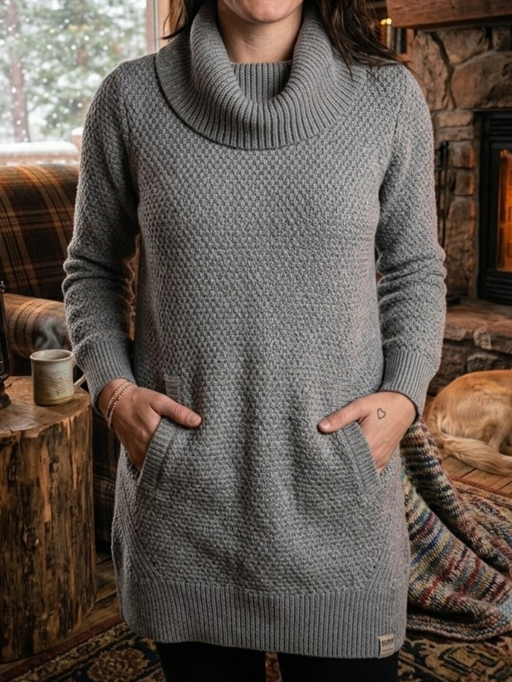 NWT Duluth Trading Co Gray Heritage Cowl Neck Tunic Sweater Large